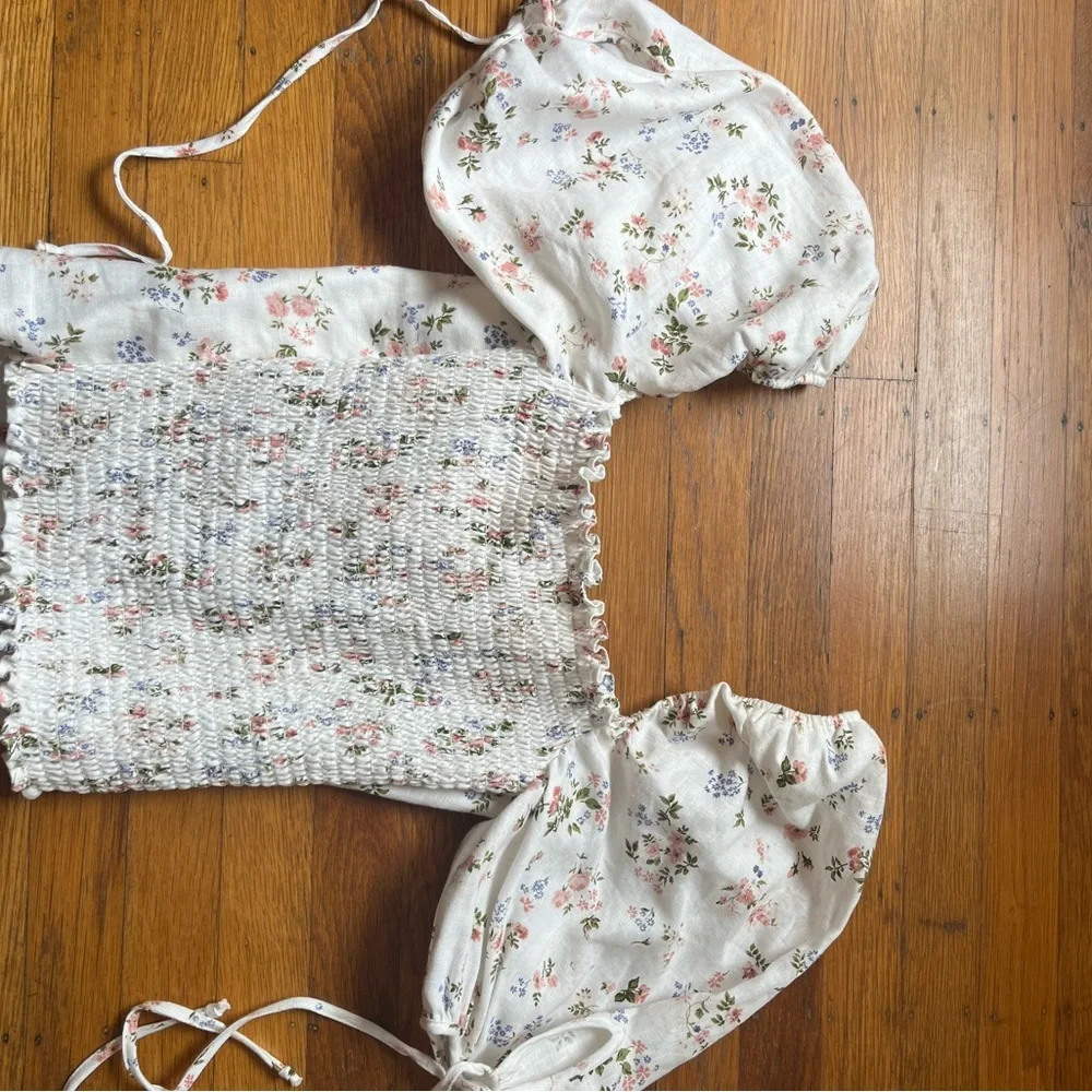 Reformation White Floral Puff Sleeve Sweetheart Top
